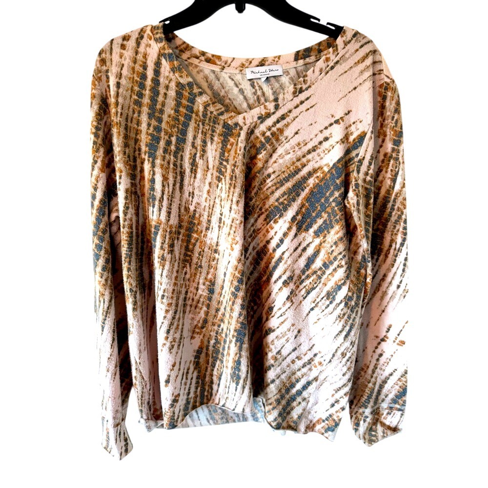 Michael Stars Long Sleeve Tie Dye Top Round Neck Beige Brown Blouse